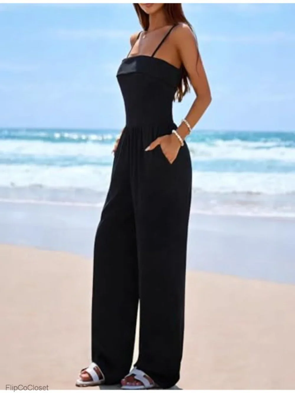 Womens Dressy Sleeveless Tube Wide Leg Jumpsuit with Pockets Ribbed Knit Summer